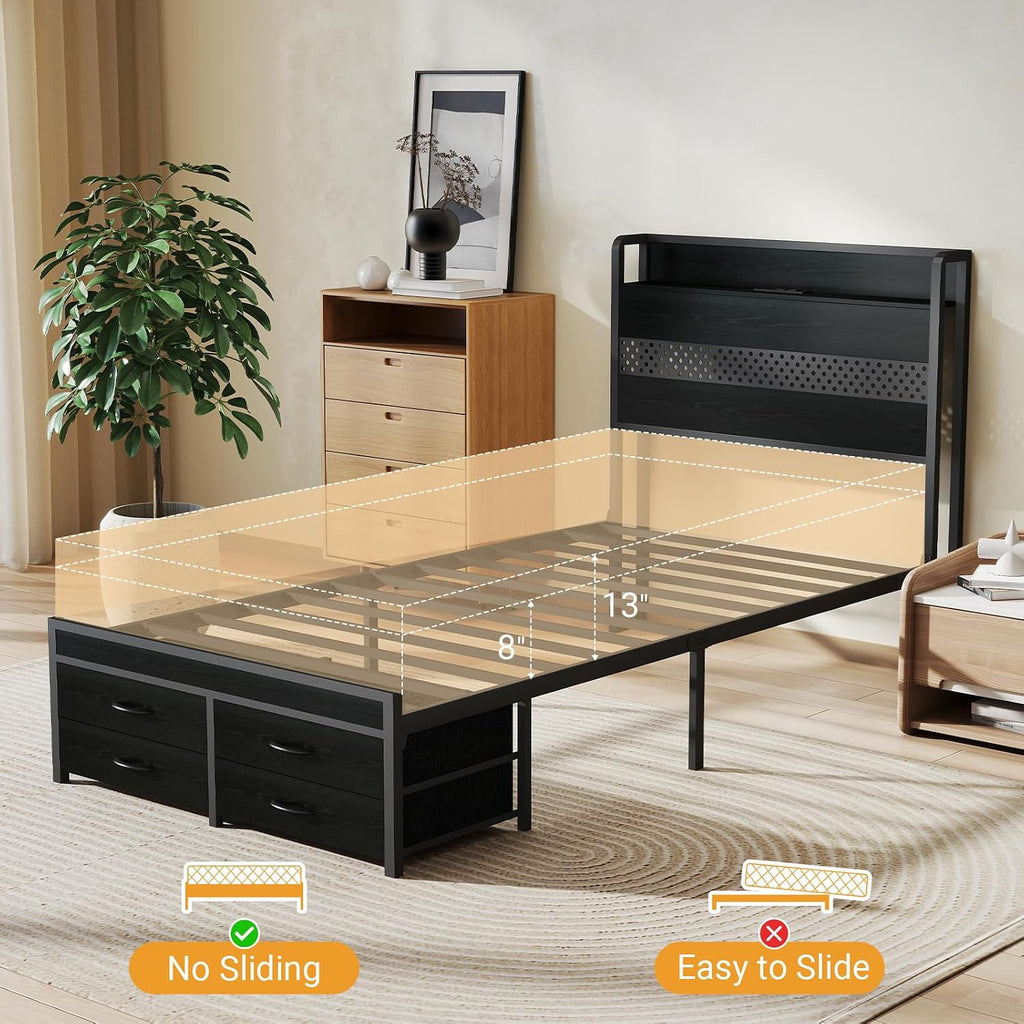 Zevemomo Twin Bed Frame with Storage Drawers, Twin Metal Bed Frame with LED Light and Charging Station, Heavy Duty Metal Slats, No Box Spring Needed, Black