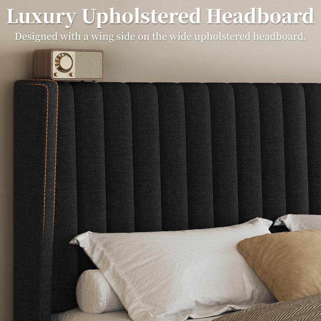 Yaheetech Queen Bed Frame Upholstered Platform Bed with Fabric Headboard, Wing Edge Design/Non-Slip and Noise-Free/Wooden Slats Support/No Box Spring Needed/Easy Assembly, Black Queen Bed