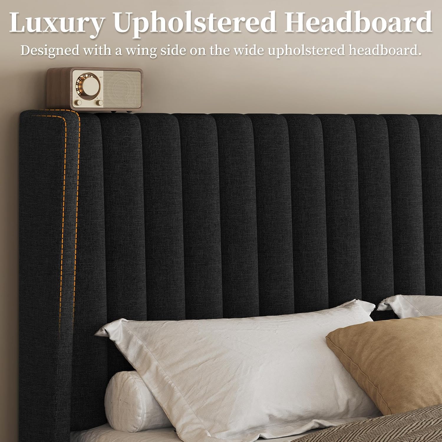 Yaheetech Queen Bed Frame Upholstered Platform Bed with Fabric Headboard, Wing Edge Design/Non-Slip and Noise-Free/Wooden Slats Support/No Box Spring Needed/Easy Assembly, Black Queen Bed