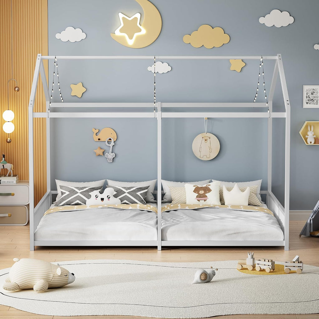 PVWIIK Full Double Montessori Floor Bed with Fence & Roof for Two Kids Teens Boys Girls,Full Floor Bed,Easy Assemble,No Box Spring Needed, White