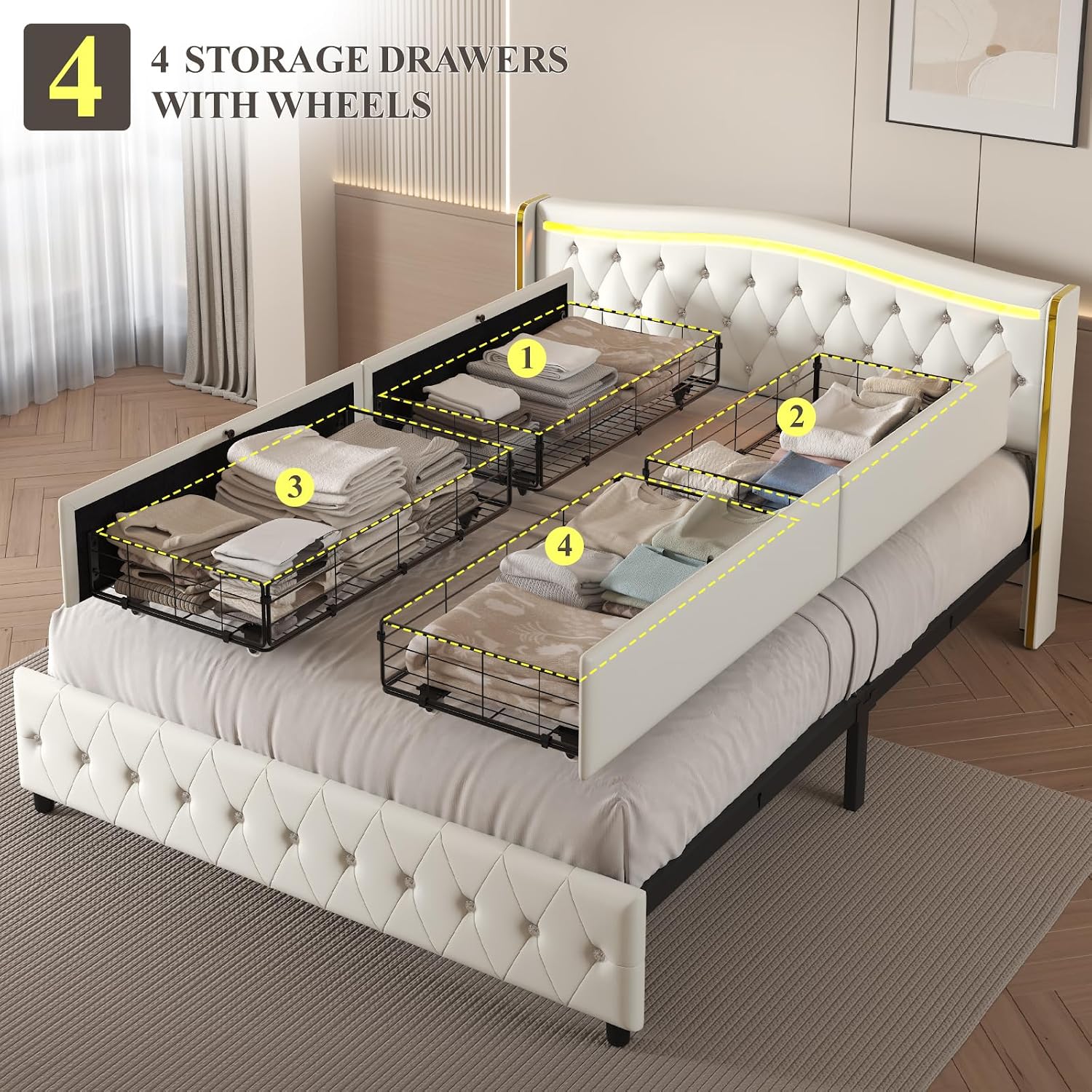 E-Motie Full Size Bed Frame with Wingback Headboard, Upholstered Platform Bed with RGB LED Lights, Charging Station, 4 Storage Drawers & Metal Slat Support, No Box Spring Needed, White