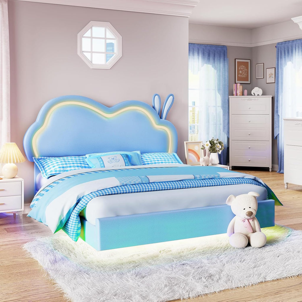 Jocisland Twin Size Floating Bed Frame, Faux Leather Upholstered Platform Bed with LED Lights, Adjustable Cloud Headboard, No Box Spring Needed, Blue | Bunny Ears Design, Multi-Color Lighting, Hidden Bed Legs, Dreamy room vibe, Easy Clean Surface