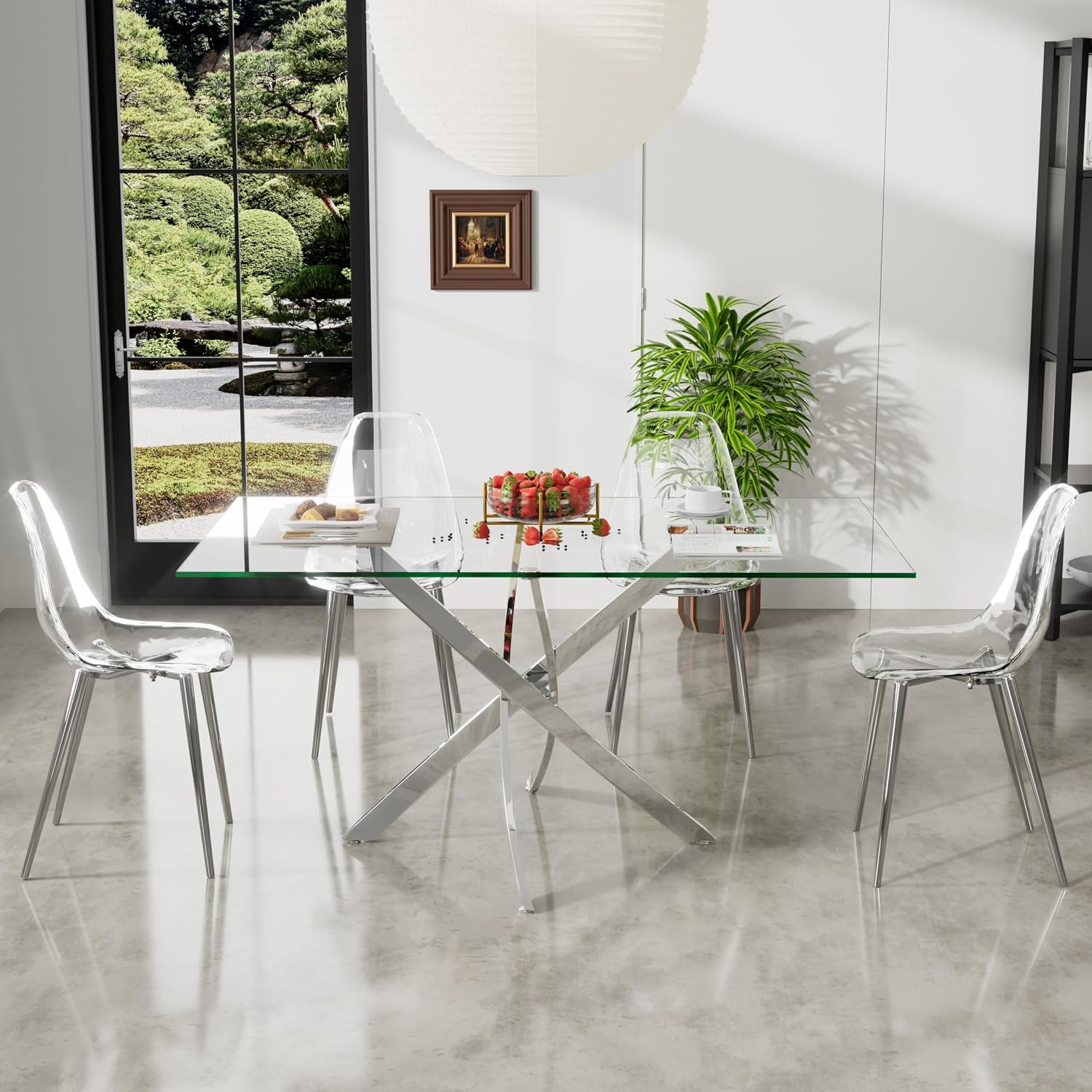 Clear Glass Dining Table Set for 4, 5 Piece Modern Luxury Rectangle Kitchen Table Set, 63'' Minimalist Dinner Room Table Set with Clear Acrylic Chair, for Living Room Large Apartment (Silver)