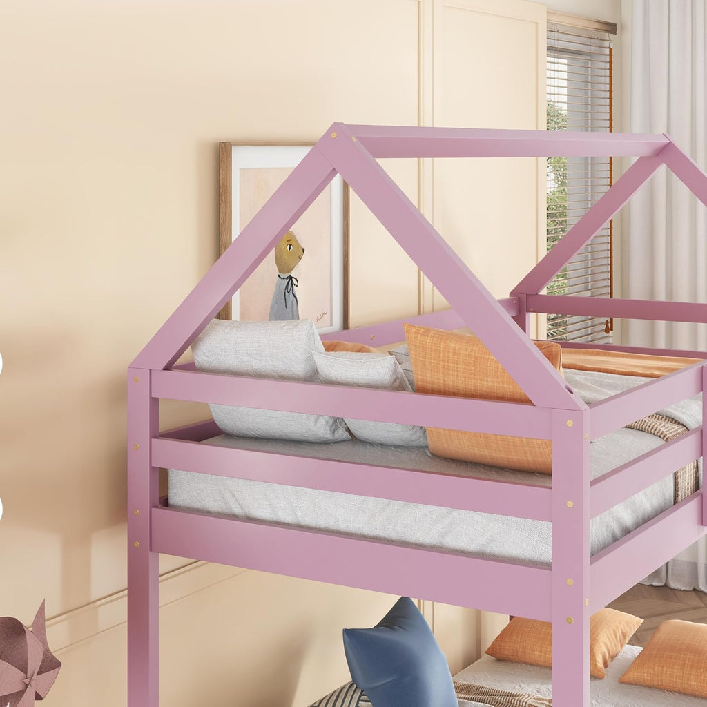 Bellemave Twin Over Twin Bunk Bed, Wooden House Bunk Bed with Ladder and Guardrails for Bedroom, Dormitory, Suit for Kids, Teens, Juniors, No Box Spring Needed, Pink