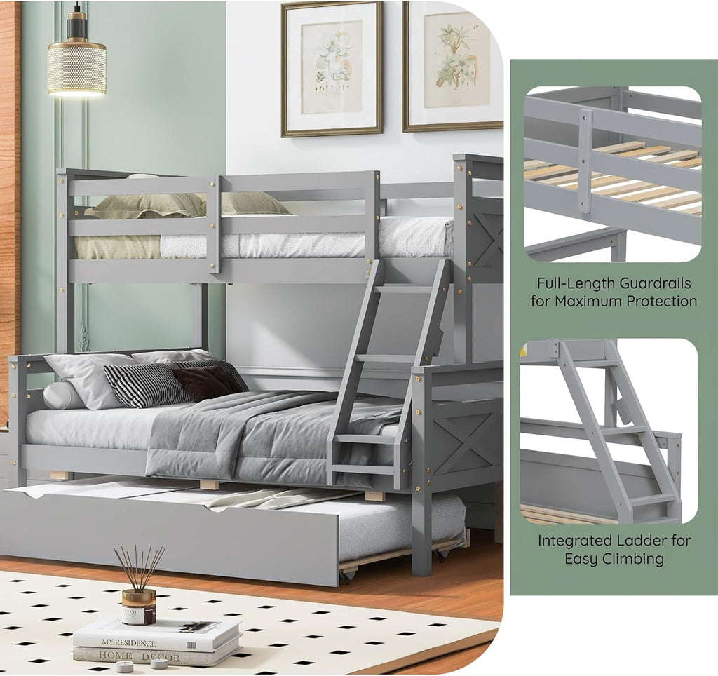 Merax Trundle Bunk Bed, Twin Over Full Wood Bunk Bed with Twin Size Trundle and Ladder, 3-in-1 Convertible to 2 Separate Beds, Solid Wood Frame with Guardrai, Grey
