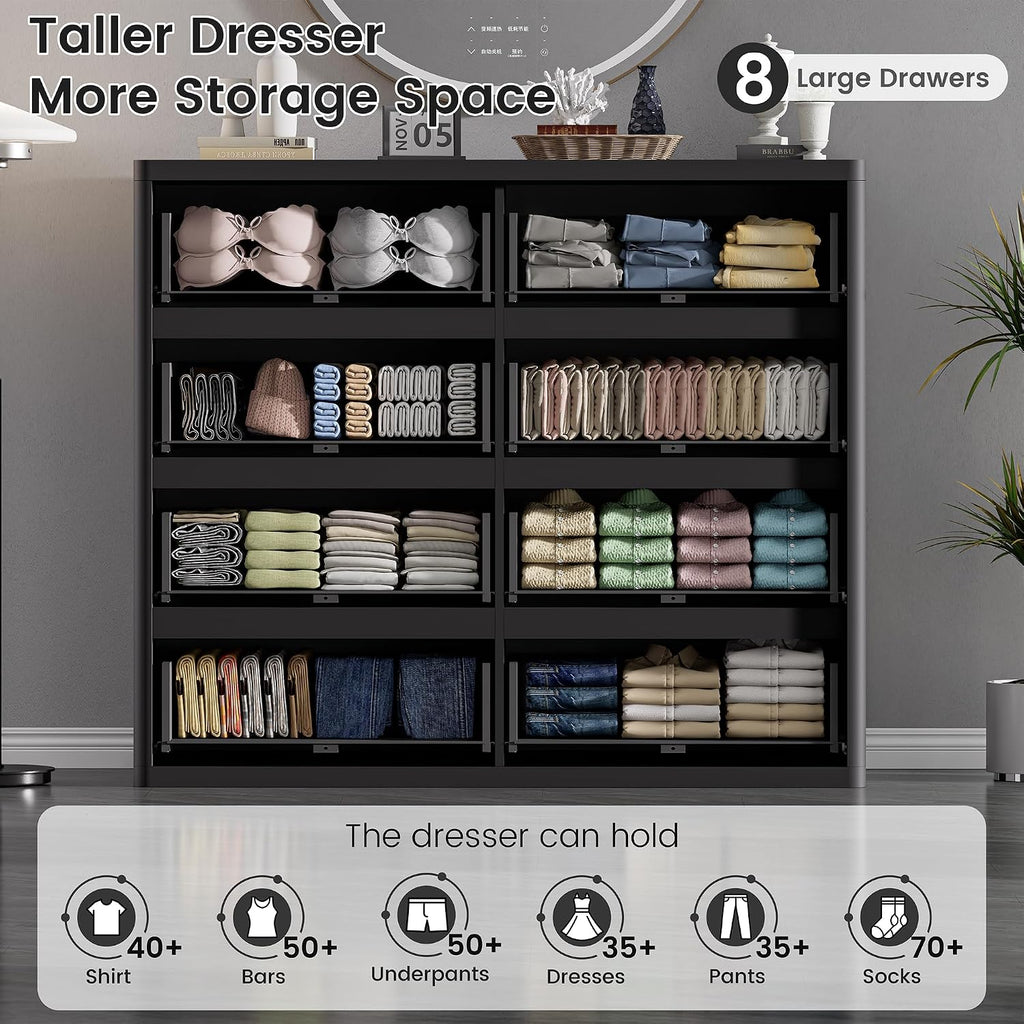 Standifurno Black Dresser for Bedroom, 8 Drawers Double Fluted Dressers, Modern Chest of Drawers with Curved Profile, Handleless, Storage Closet Dressers for Bedroom, Living Room, Entryways