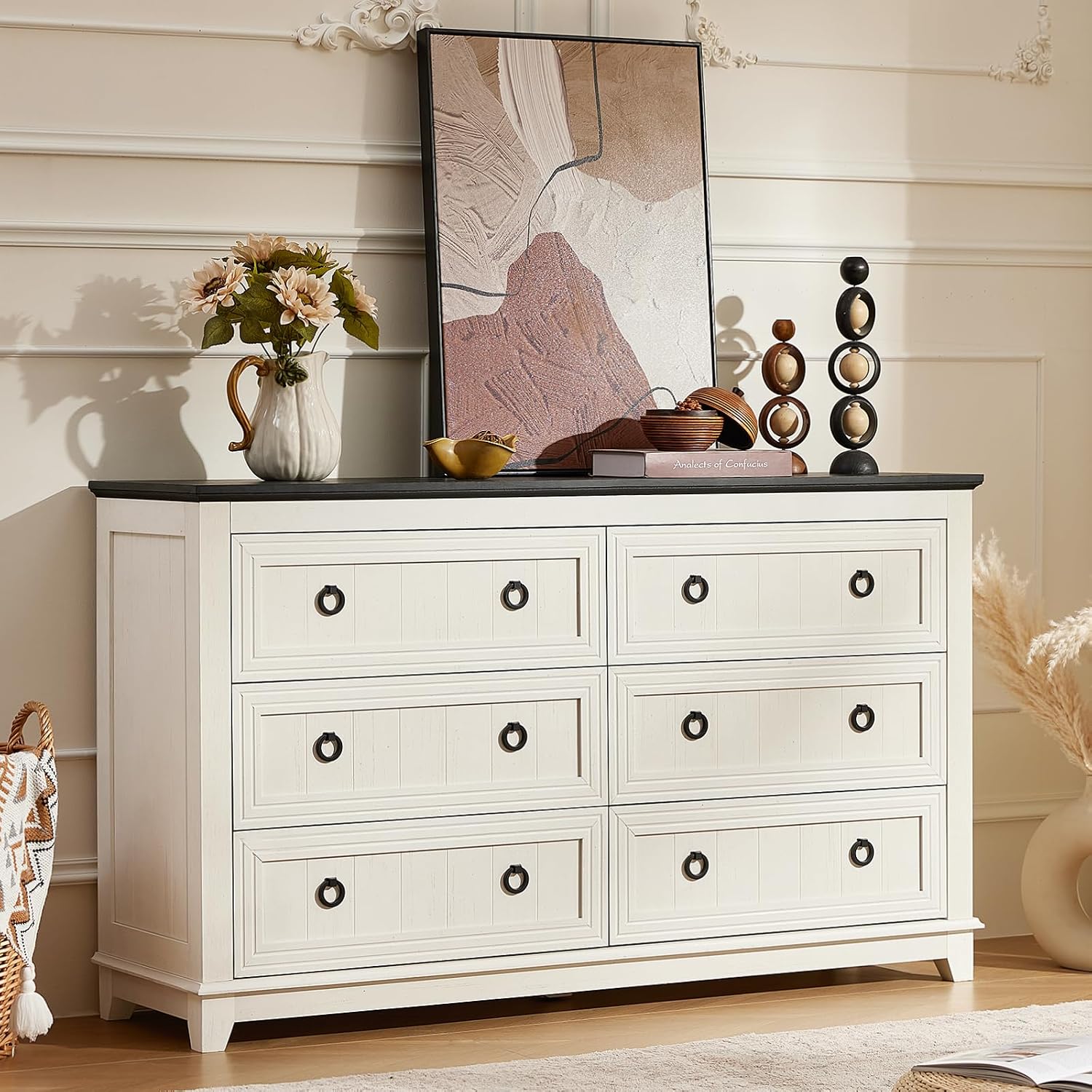 Joaxswe 6 Drawers Dresser for Bedroom, Farmhouse 54'' White Dresser Chest of Drawers, Vintage Design Wood TV Stand, Rustic Storage Dressers Organizer for Bedroom, Living Room, Hallway
