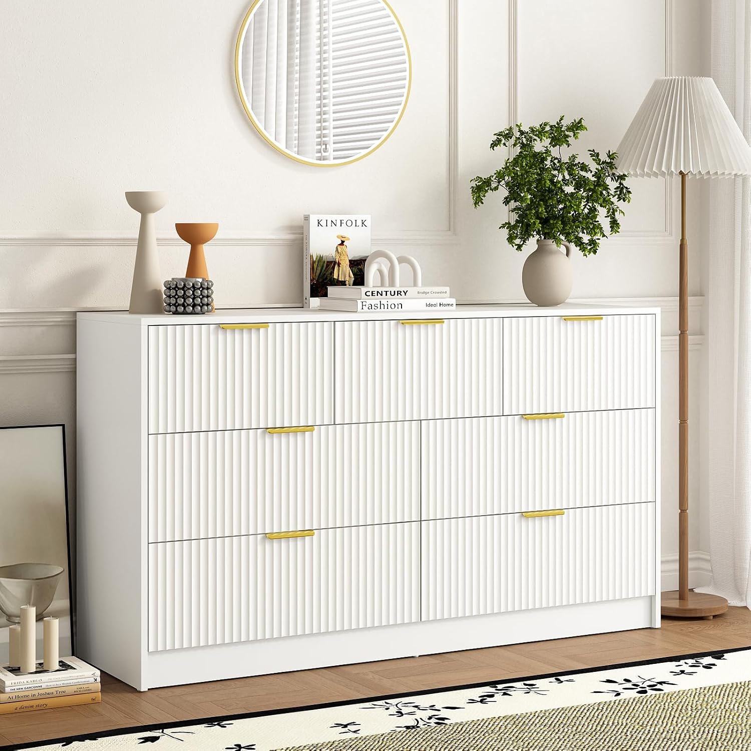 7 Drawer Dresser and Nightstand Sets for Bedroom, 3 Pcs Bedroom Set，Night Stand Set of 2 & 7 Drawer Dresser with Gold Handles, Modern Wood Chest of Drawers Storage Cabinet Set, White