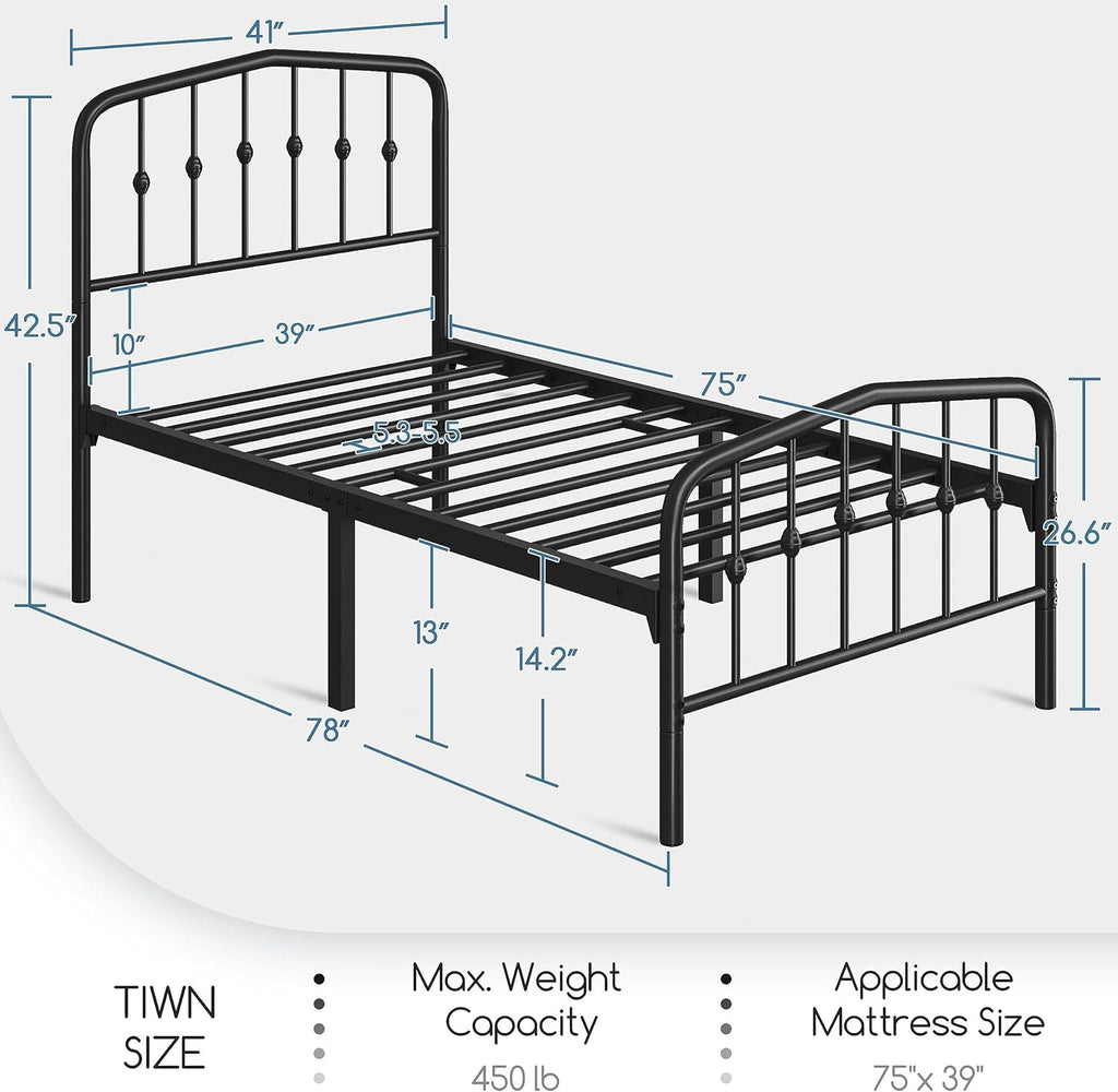 Yaheetech 2pcs Twin Bed Frames Metal Platform Bed with Victorian Style Iron Headboard and Footboard/Easy Assembly/No Box Spring Needed/Matte Black Twin Bed