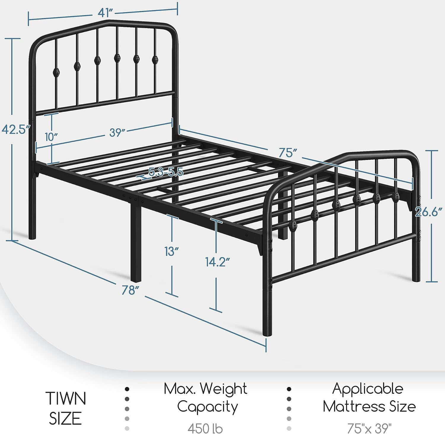 Yaheetech 2pcs Twin Bed Frames Metal Platform Bed with Victorian Style Iron Headboard and Footboard/Easy Assembly/No Box Spring Needed/Matte Black Twin Bed