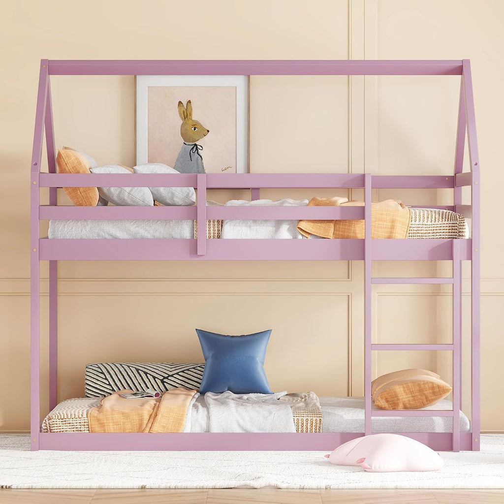 Bellemave Twin Over Twin Bunk Bed, Wooden House Bunk Bed with Ladder and Guardrails for Bedroom, Dormitory, Suit for Kids, Teens, Juniors, No Box Spring Needed, Pink
