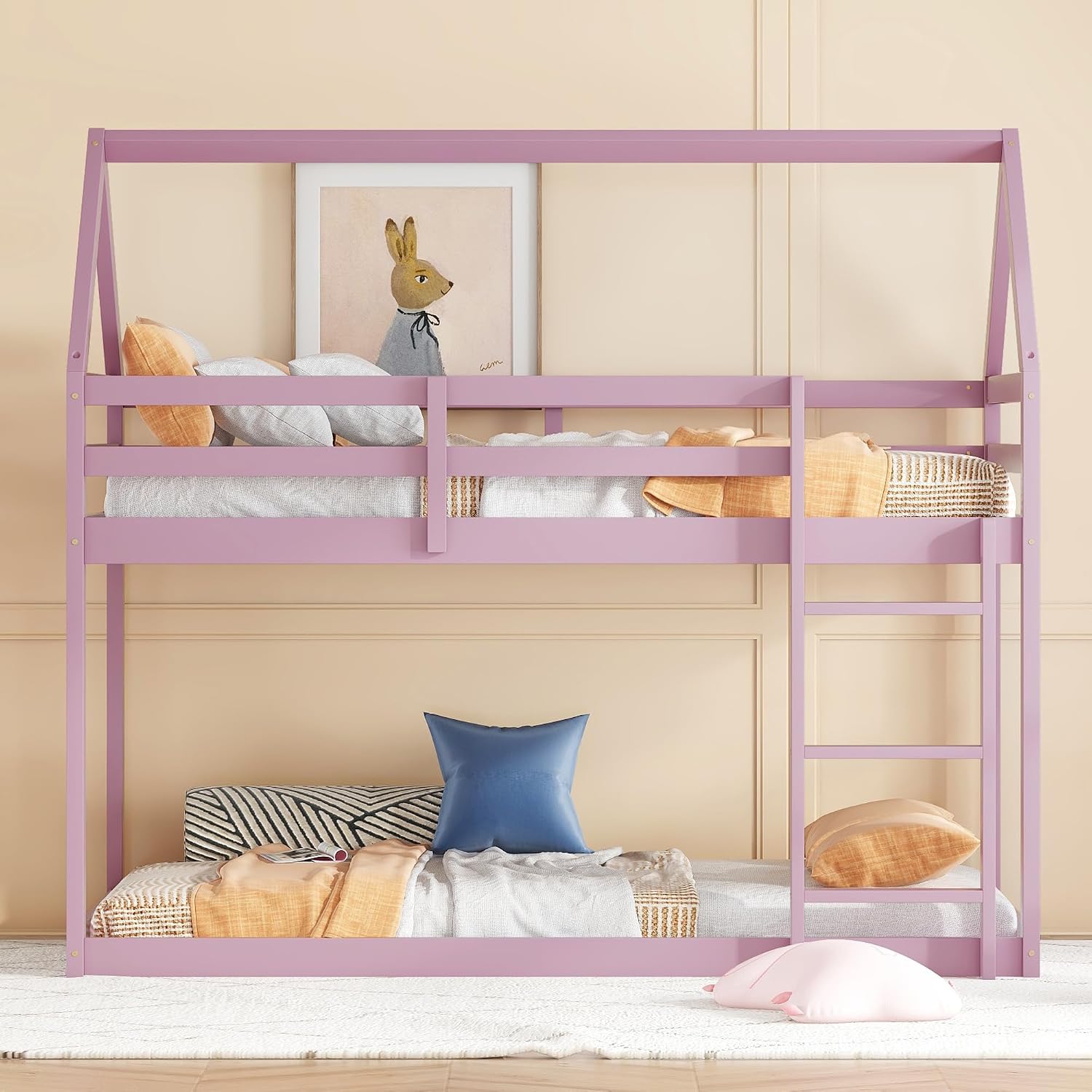 Bellemave Twin Over Twin Bunk Bed, Wooden House Bunk Bed with Ladder and Guardrails for Bedroom, Dormitory, Suit for Kids, Teens, Juniors, No Box Spring Needed, Pink