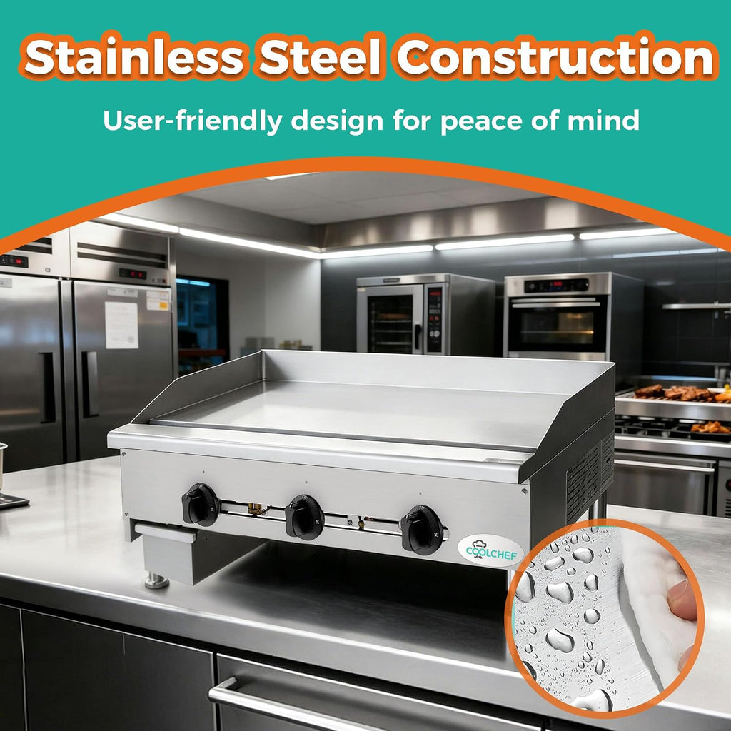 Commercial Gas Griddle - 36' Electric Countertop 90,000 BTU Flat Top Griddle, Natural Gas (NG) / Propane, CSA Certified Stainless Steel Teppanyaki Grill for Restaurants (36' W)