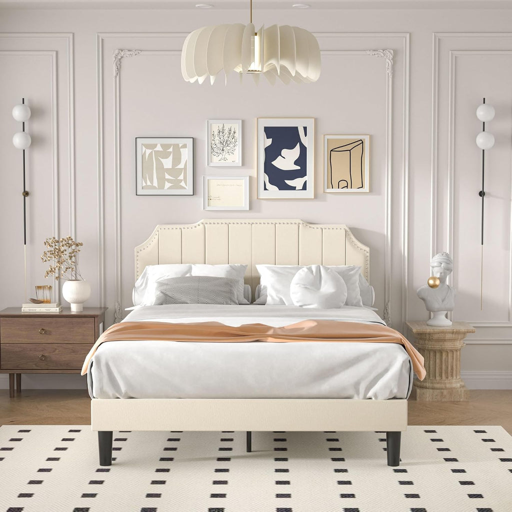 VECELO Upholstered Platform Full Bed Frame with Tufted Adjustable Headboard/Mattress Foundation/Wood Slat Support,Easy Assembly,Beige