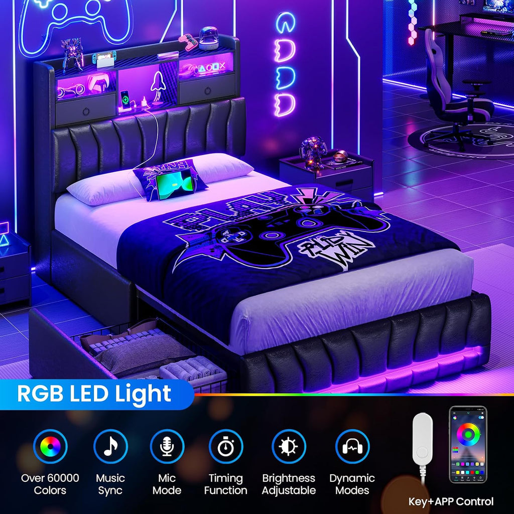 DICTAC Twin Bed Frames with Storage Headboard and 2 Large Drawers, Gaming Bed with RGB Lights and Charging Station, Leather Upholstered Platform Bed, Esports-Style Bed, No Box Spring Needed, Black