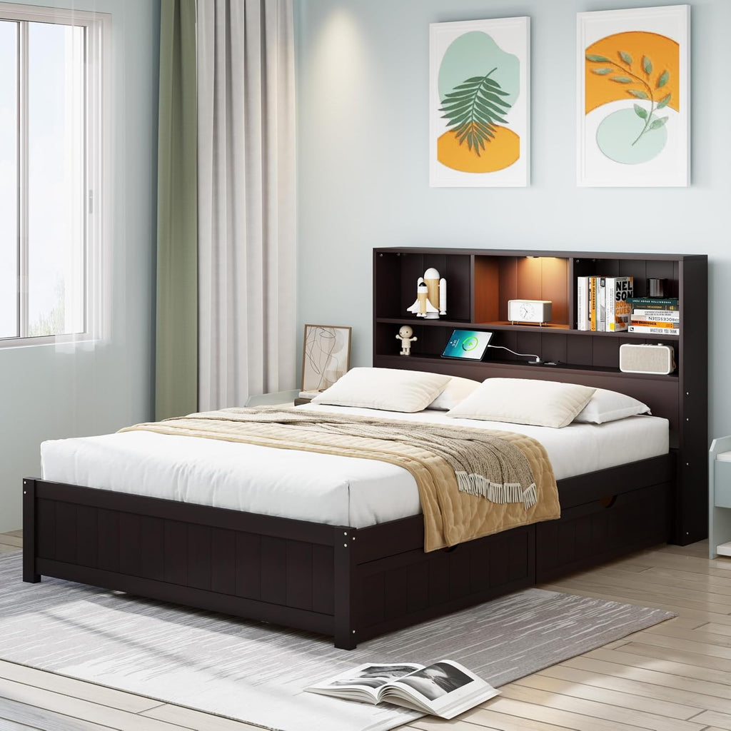 MERITLINE Twin Bed with Storage Headboard,Drawers,Charging Station and LED Lights, Wood Platform Bed with Storage Bookcase, No Box Spring Needed (Twin,Espresso)