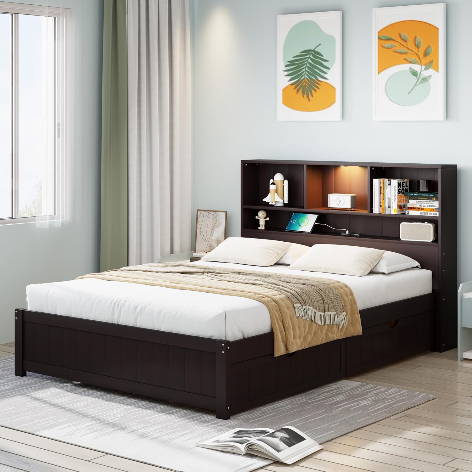 MERITLINE Twin Bed with Storage Headboard,Drawers,Charging Station and LED Lights, Wood Platform Bed with Storage Bookcase, No Box Spring Needed (Twin,Espresso)