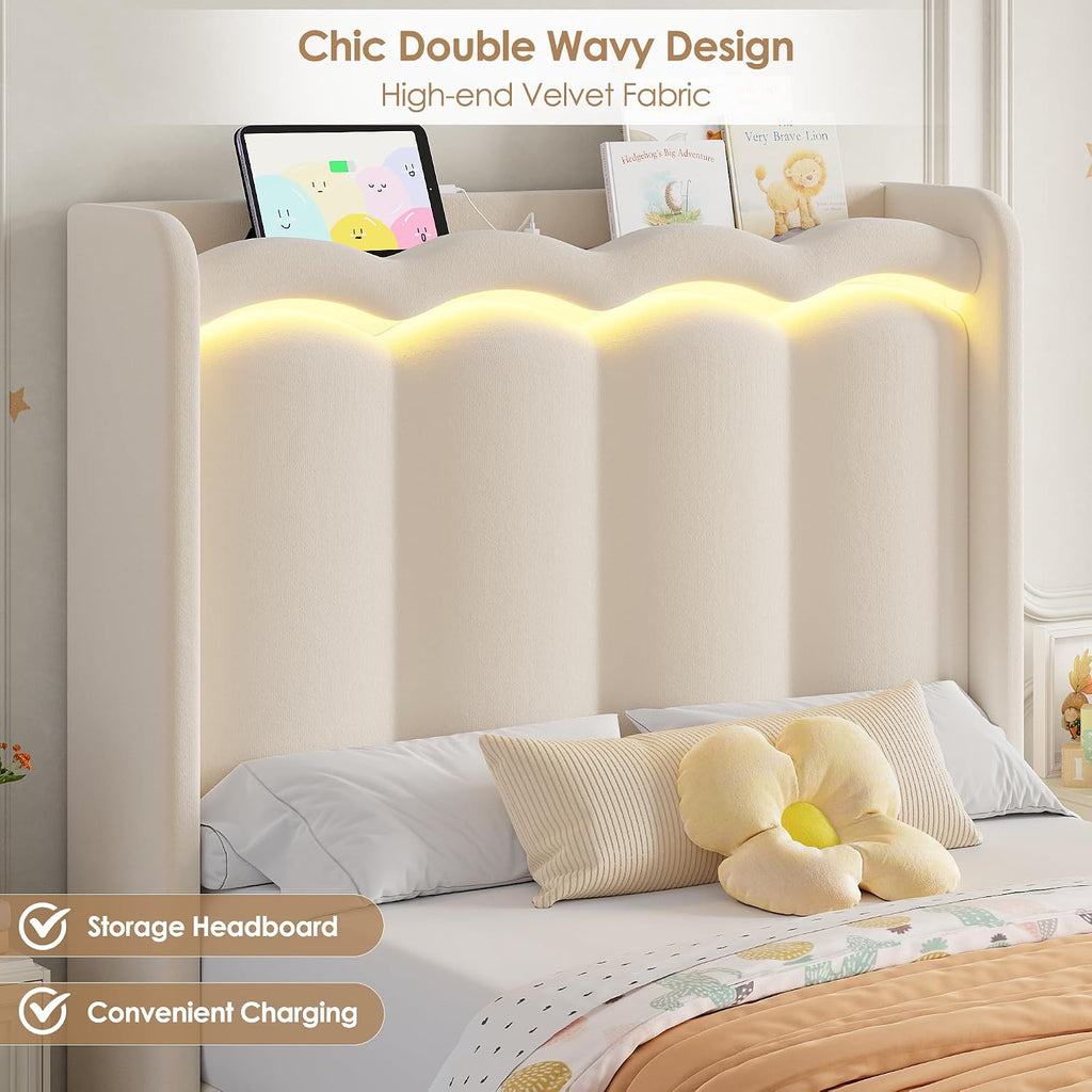 HIFIT 2 Set Upholstered Twin Size LED Bed Frame with Storage Drawer and Charging Station, Velvet Princess Twin Bed for Kids, Girls Bed with Double Wavy Wingback Headboard and Solid Frame, Beige