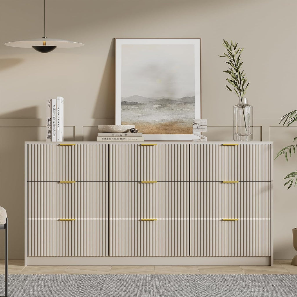 Furniway Beige Dresser for Bedroom, Modern Dresser with 9 Drawers and Smooth Slides, Wide Chest of Drawers with Golden Handles for Bedroom, Living Room, Closet, 15.7' D x 63' W x 31.5' H