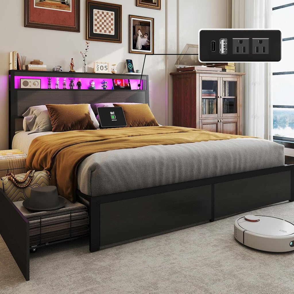 Queen Bed Frame with 2-Tier Storage Headboard and 4 Drawers, Metal Platform Bed Frame with LED & Charging Station, No Box Spring Needed/Noise Free/Easy Assembly, Rustic Grey