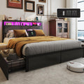 Queen Bed Frame with 2-Tier Storage Headboard and 4 Drawers, Metal Platform Bed Frame with LED & Charging Station, No Box Spring Needed/Noise Free/Easy Assembly, Rustic Grey