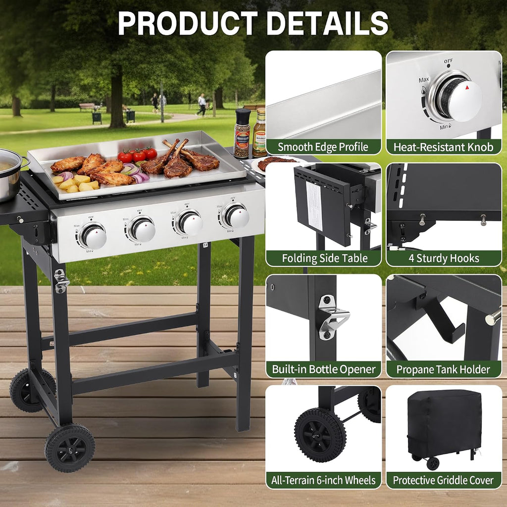 4-Burner Flat Top Grill with Folding Side Tables, Outdoor Griddle Grill with Storage Cover, 40,000 BTU Flat Grill with Stainless Steel Cooking Surface for BBQ, Camping, Tailgating
