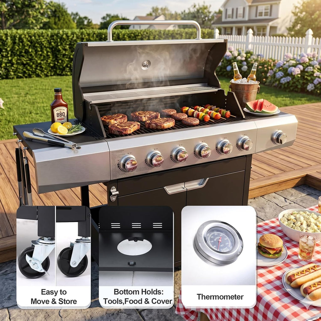 Endark 6-Burner 68,500 BTU Propane Gas Grill with Side Burner, Stainless Steel & Porcelain Grates, Wheeled BBQ Grill for Patio, Garden, Backyard, Outdoor Cooking