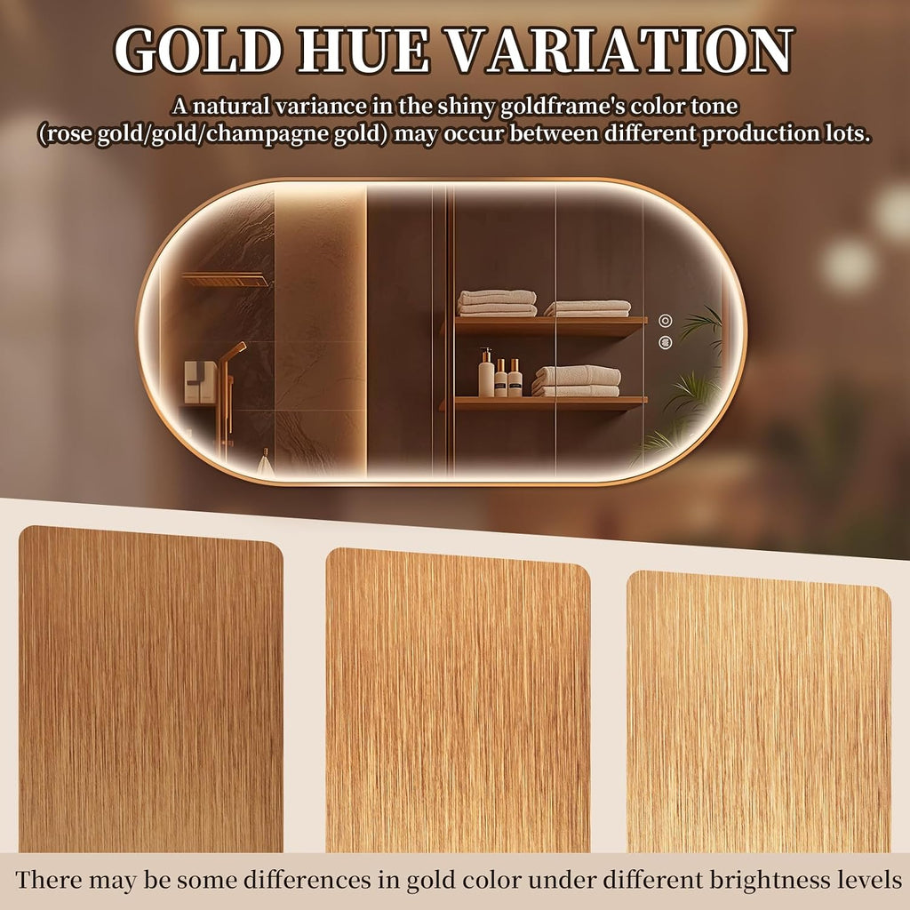 36'x24' Oval Led Mirror for Bathroom, Gold Metal Framed Lighted Vanity Mirror with Lights, Anti-Fog Light Up Mirror with 3 Colors Dimmable, Frontlit, Shatterproof, Horizontal/Vertical