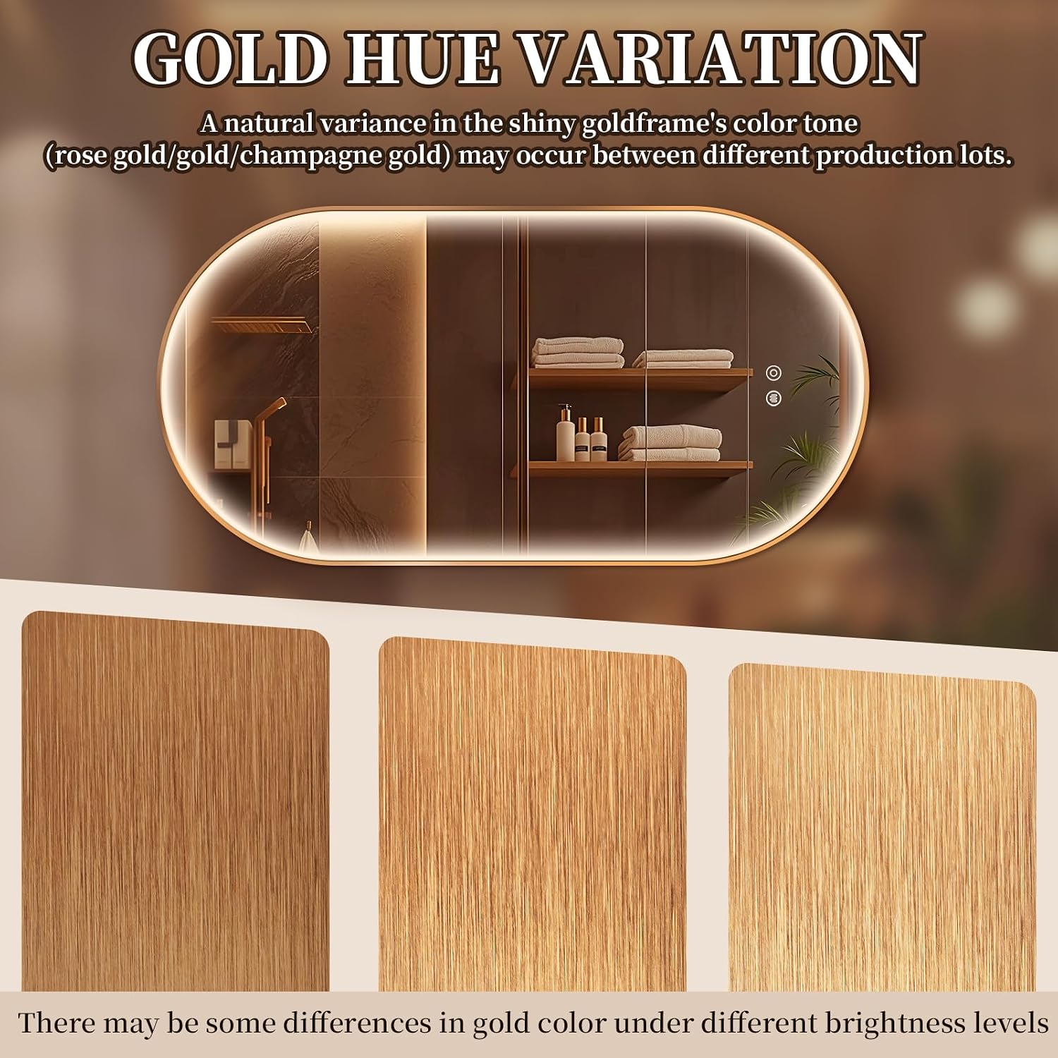 36'x24' Oval Led Mirror for Bathroom, Gold Metal Framed Lighted Vanity Mirror with Lights, Anti-Fog Light Up Mirror with 3 Colors Dimmable, Frontlit, Shatterproof, Horizontal/Vertical