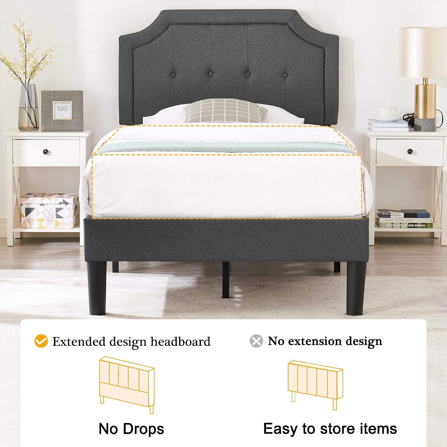 VECELO Twin Size Platform Bed Frame with Fabric Upholstered Headboard and Wooden Slats Support, No Box Spring Needed/Easy Assembly,Grey