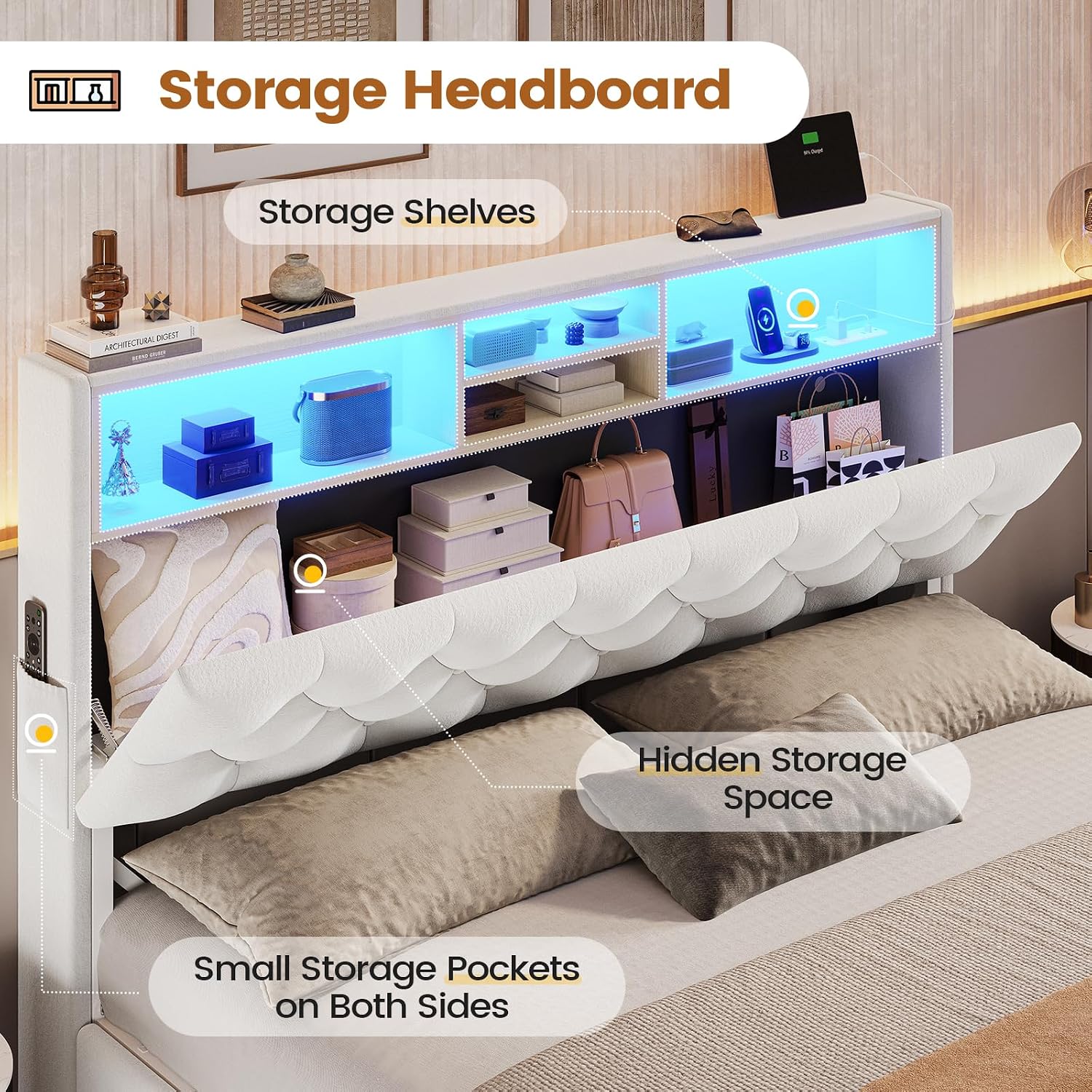 BTHFST Full Size Bed Frame with 4 Drawers & Storage Headboard, LED Bed Frame Full with Charging Station, Velvet Upholstered Bed with Metal Slats, No Box Spring Needed, Creamy White