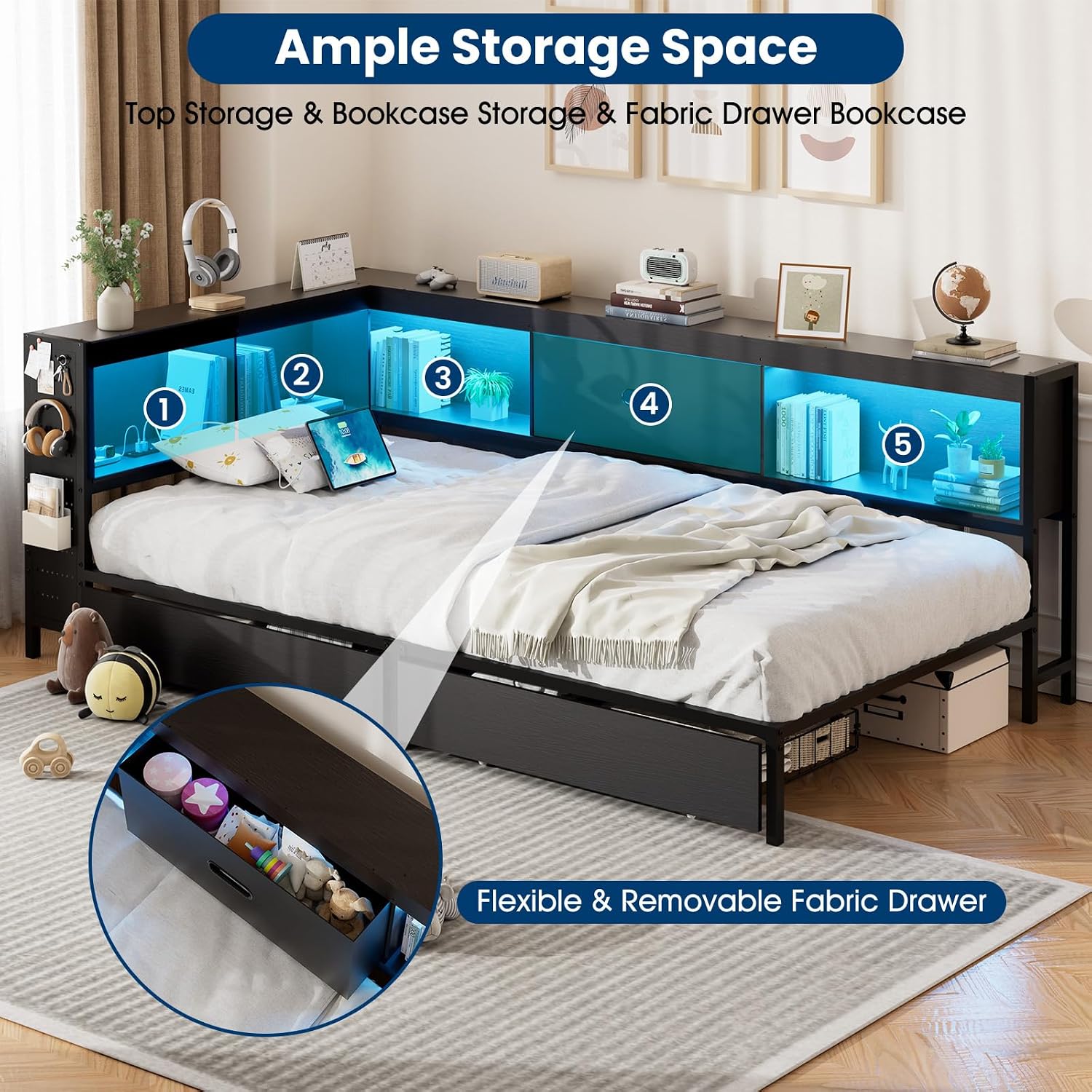 Corner Twin Bed Frame with Storage Drawer & Bookcase Headboard, Twin Size Metal Platform Bed Frame with Charging Station and LED Light, Twin Daybed Multi-Storage for Kids Teens Guest, Black
