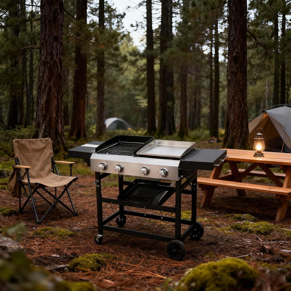 Grill Propane,Expert Gas & Griddle Combo, 2-Burner Outdoor Cooking BBQ with Cover for Camping, Tailgating, Black & Silver
