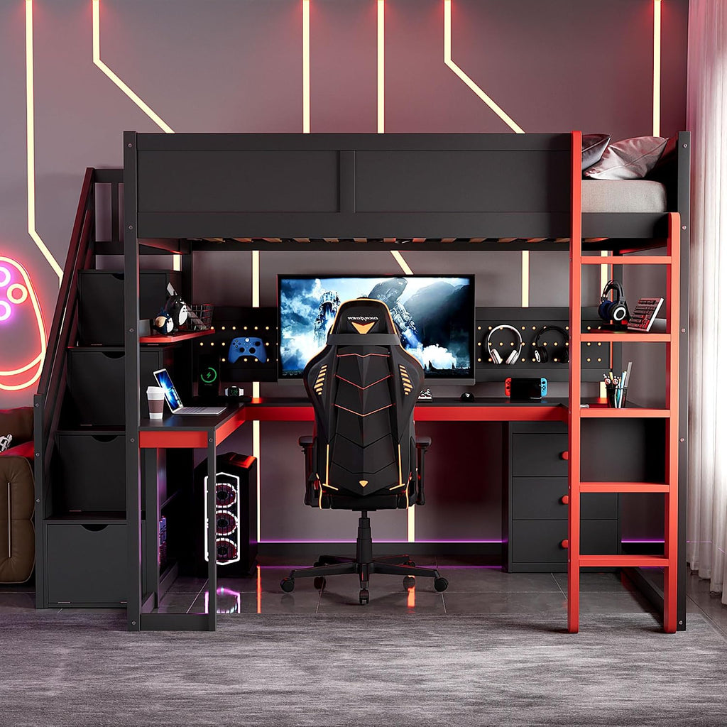 Ball & Cast Gaming Full Size Loft Bed with Storage Stairs,Wood Gamer Loft Bed Frame W/Desk,Shelves and Pegboard,High Loft Bed W/Full-Length Guardrail,Bedroom Furniture for Student Dorms,Black+Red