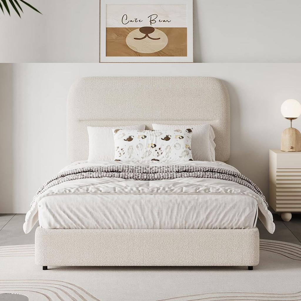 HOMBCK Twin Bed Frames with Headboard, Twin Size Boucle Upholstered Bed Frame for Kids, Soft Rounded Corners, Wooden Slats Support, No Box Spring Required, Easy Assembly, Cream