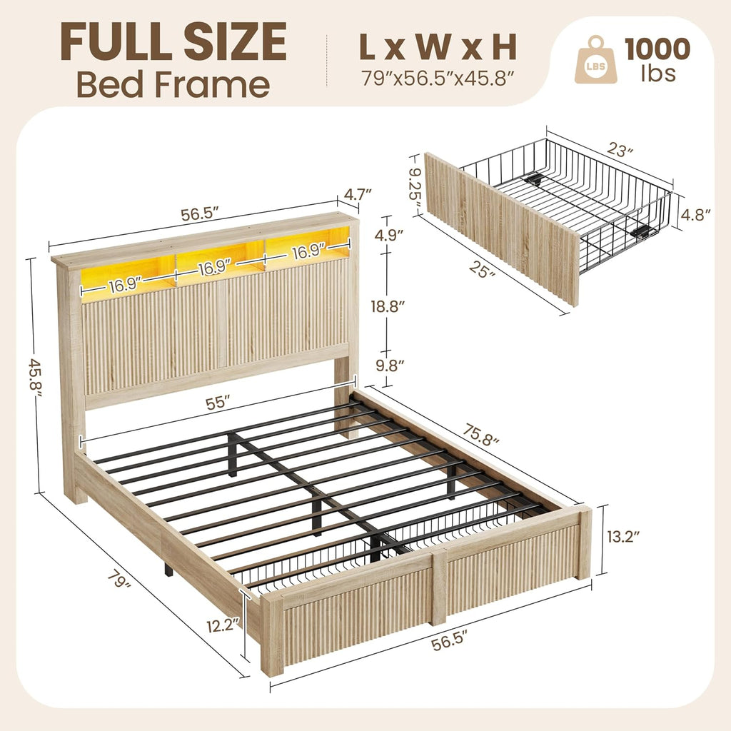 CypBed Full Size Bed Frame with Headboard and Storage Drawer, Full Bed Frame with LED Light and Charging Port, Farmhouse Wavy Wood Design, Wood & Metal Platform, Noise-Free, No Box Spring Needed