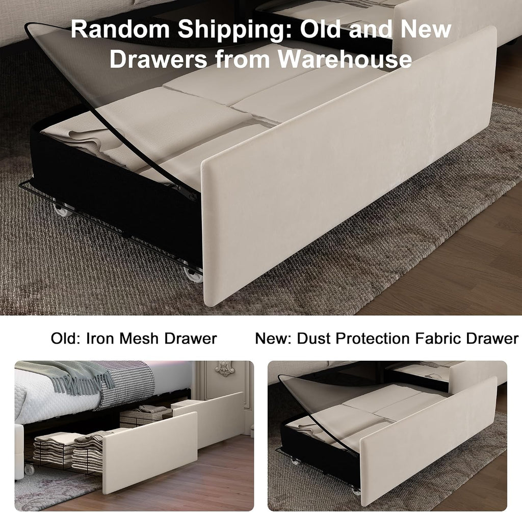 GEGOFORU Queen Wingback Modern Platform Bed with Galaxy Projector, 4 Dust-Proof Storage Drawers, LED Bed Frame, USB Ports, No Box Spring Needed & Noise-Reduction Sturdy Wood Slats, Velvet Cream