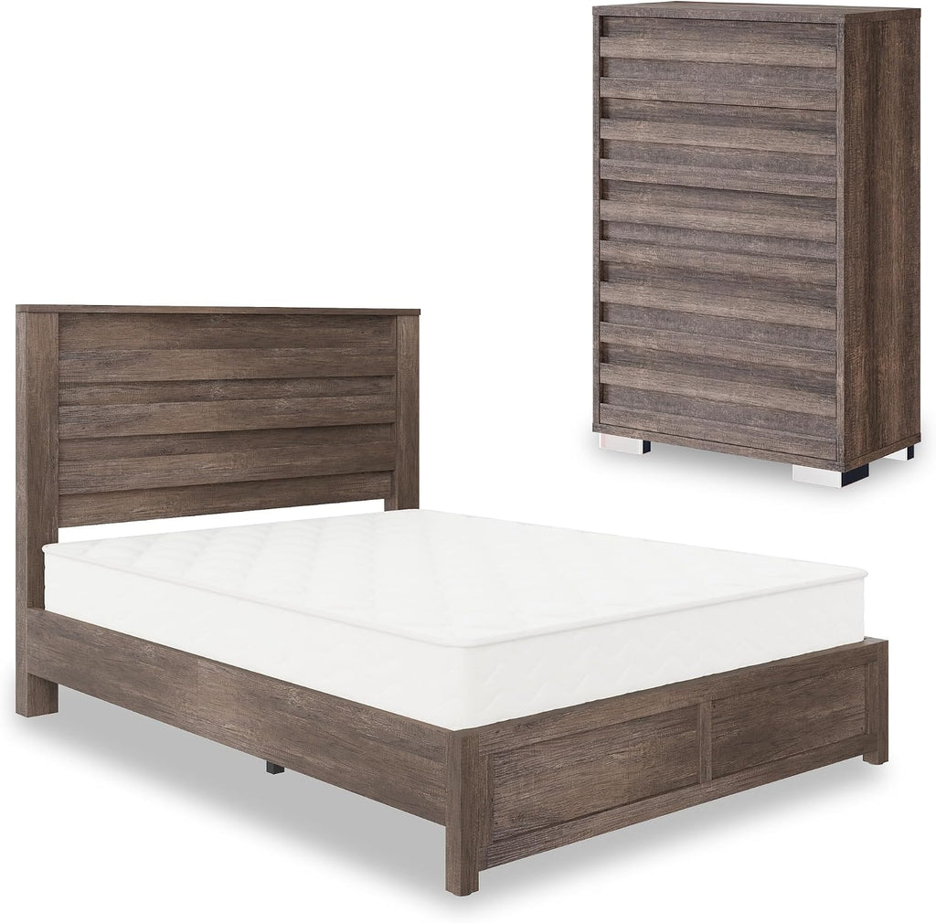 AMERLIFE 2-Piece Farmhouse Bedroom Set, Full Bed Frame and Tall Dresser, Platform Bed with 49' Fluted Headboard, 547' Tall Chest of Drawers with Slat Handles, Gray