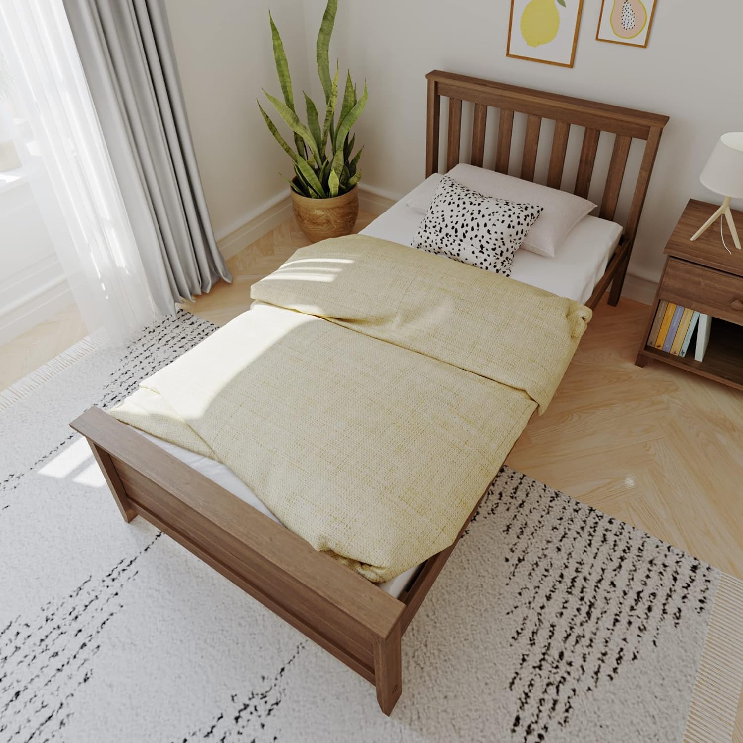 Max & Lily Twin Bed Frame with Slatted Headboard, Solid Wood Platform Bed for Kids, No Box Spring Needed, Easy Assembly, Walnut