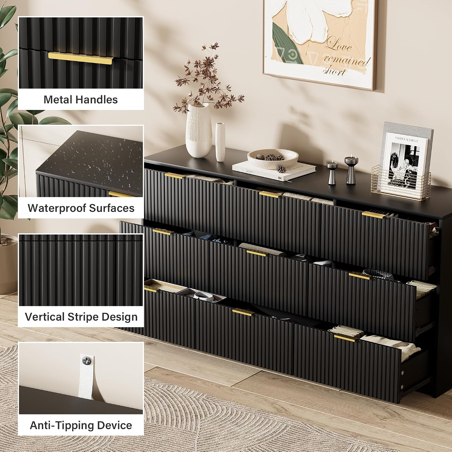 Furniway Black Dresser for Bedroom, Modern Dresser with 9 Drawers and Smooth Slides, Wide Chest of Drawers with Golden Handles for Bedroom, Living Room, Closet, 15.7' D x 63' W x 31.5' H