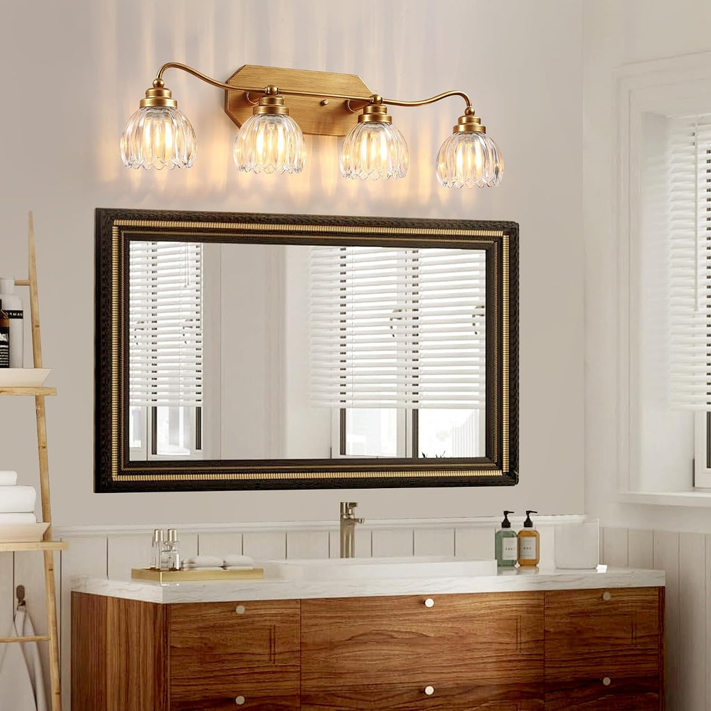 Vintage Bathroom Light Fixtures, 4 Light Gold Bathroom Vanity Light, Matte Antique Brass Finish with Crystal Glass Shade, Wall Sconces Lighting for Bedroom, Living Room, Hallway