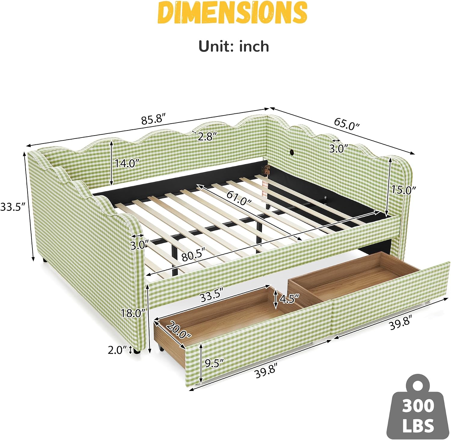 DEINPPA Queen Size Upholstered Daybed with 2 Storage Drawers, Gingham Daybed with USB Ports for Bedroom Living Room Guest Room-Green