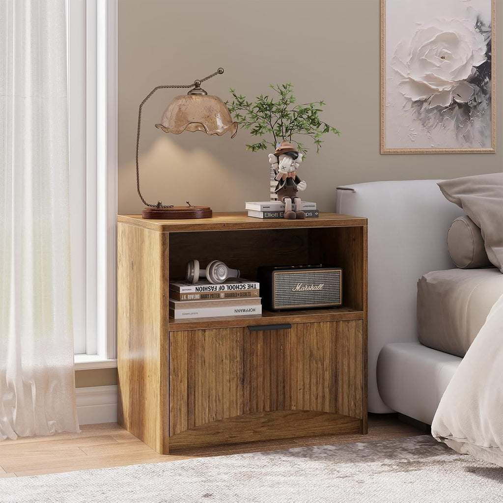 Fluted Nightstand Set of 2, MCM Mid Century Modern Bedside Tables with Drawer and Open Shelf, Minimalist Wood Bedside Table Fluted End Tables for Bedroom, Walnut