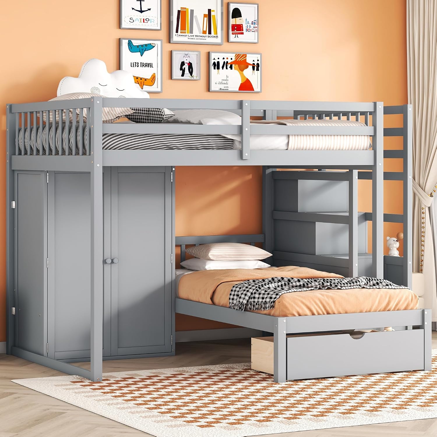 Ball & Cast Full Over Twin Bunk Bed with Safty Guardrail & Storage Stair,Wood Loft Bedframe W/Wardrobe & Drawers,Space-Saving Design,Easy Assembly,Versatile Furniture for Boys Girls Teen Bedroom,Gray