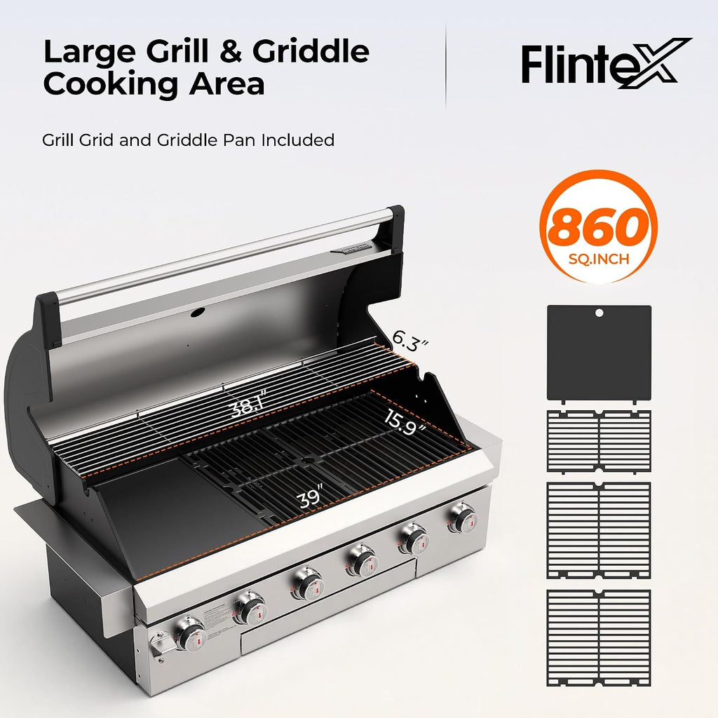 Flintex 40-inch Built-in BBQ Gas Grill (NG/LPG Convertible), 6-Burner Outdoor Kitchen Gas/Propane Grill with Griddle Combo, Stainless Steel Built-in Outdoor BBQ Grill for Outdoor Kitchen