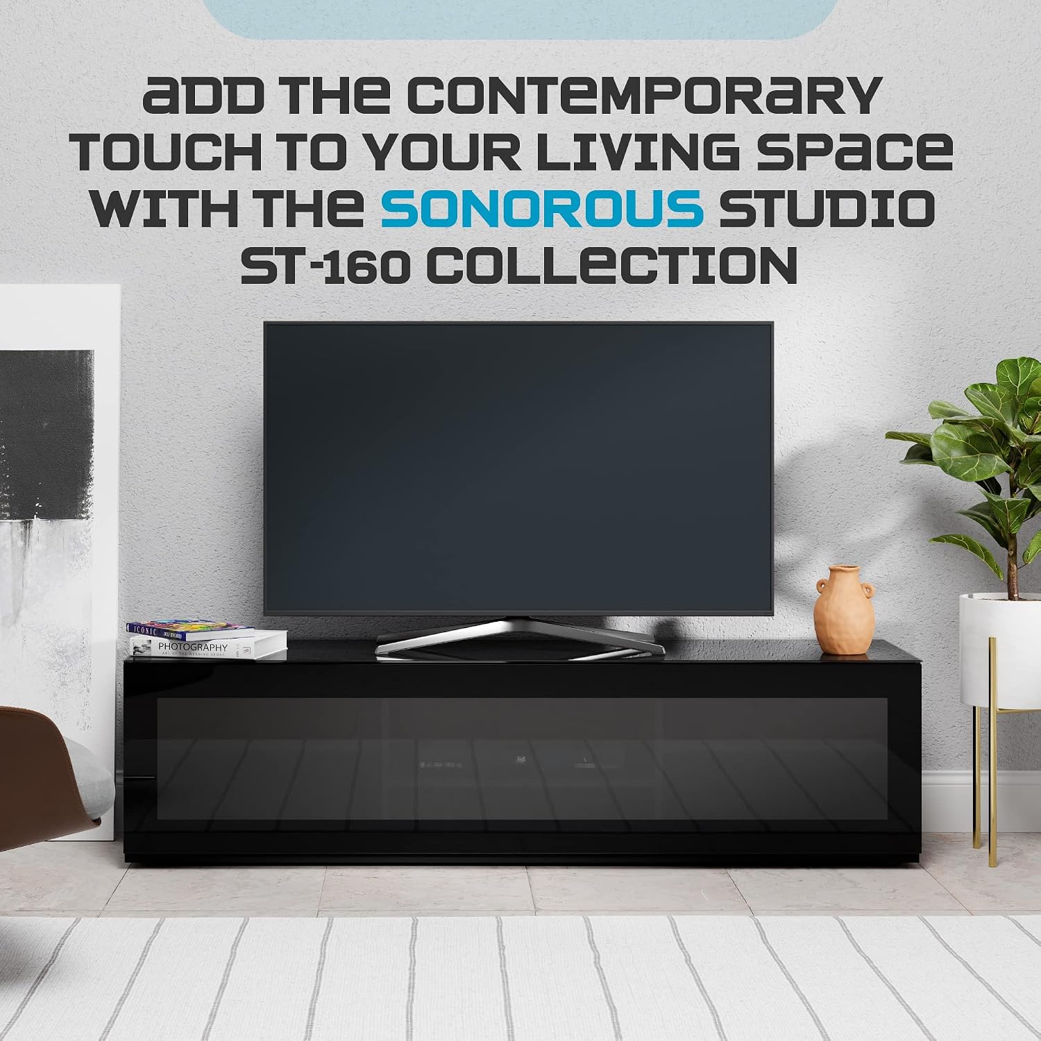 SONOROUS ST-160 Premium TV Stand with Black Glass Cover & Black Wood - Luxury Entertainment Center & Media Console for Living Room - High Gloss Modern TV Cabinet up to 75 Inches - Sleek Storage Design