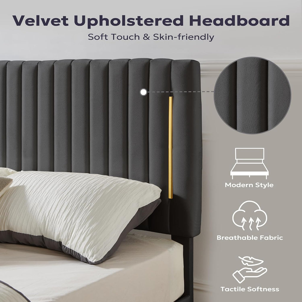 Furnify King Platform Bed Frame, Velvet Upholstered Bedframe with Vertical Channel Adjustable Headboard, Golden Plating Trim, Mattress Foundation with Wooden Slats, No Box Spring Needed, Grey