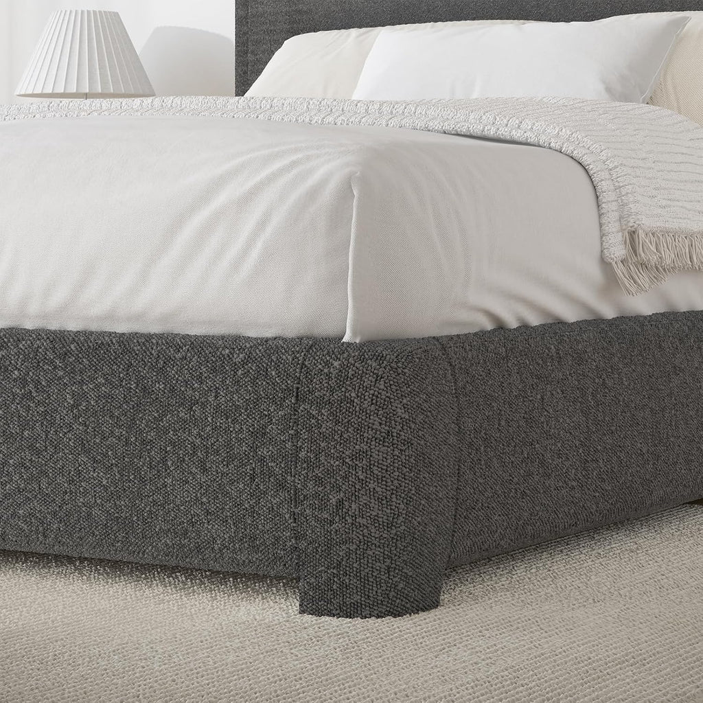 BarnFurin Twin Size Bed Frame, Boucle Upholstered Platform Bed Frame, Soft Rounded Corners, No Box Spring Required, Easy Assembly, Grey