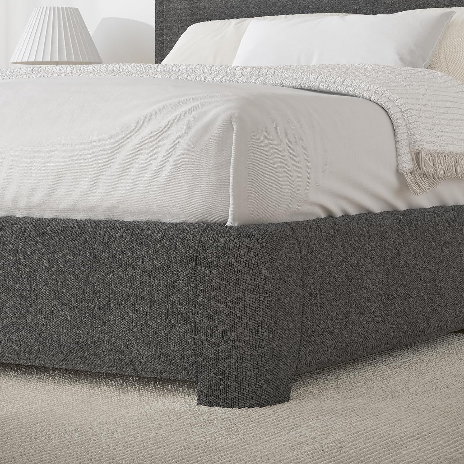 BarnFurin Twin Size Bed Frame, Boucle Upholstered Platform Bed Frame, Soft Rounded Corners, No Box Spring Required, Easy Assembly, Grey