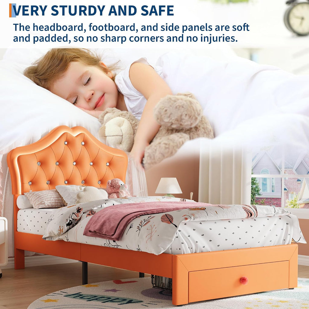 Garvee Twin Size Bed Frame with LED Lights & Velvet Crystal Button Headboard, Upholstered Boy/Girl Platform Bed with Storage Drawer, Noise Free, No Box Spring Needed for Kids, Teens, Orange
